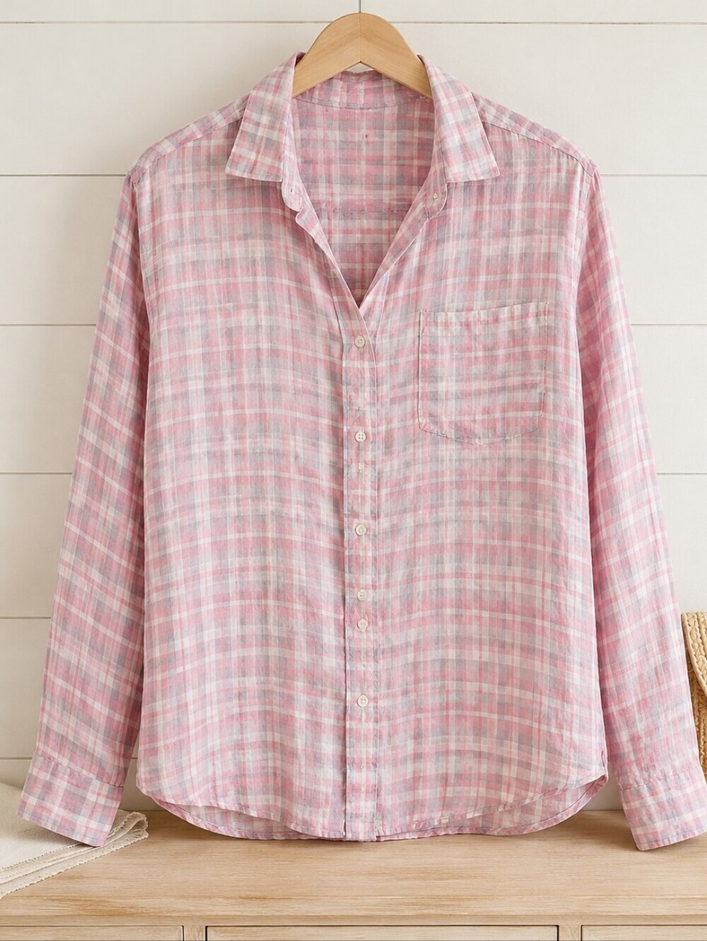 Faherty 100% Linen Pink White Plaid Button Down Shirt Long Sleeve Lightweight